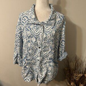 Chico’s Women Blue Medallions Print Utility Jacket Roll Tab Sleeve Snap Up Sz M
